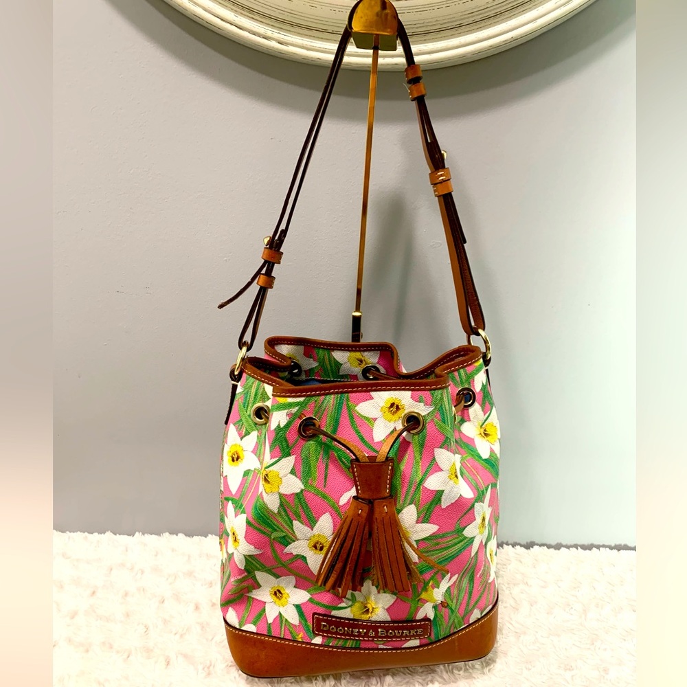 Dooney Bourke Pink Daffodil Flower Drawstring Bucket Bag Purse Colorful Classy